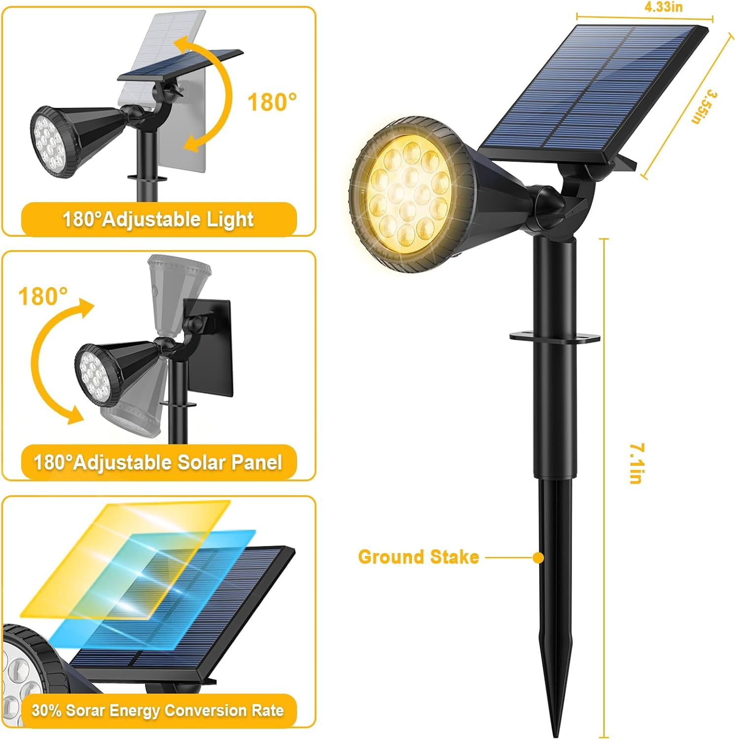 Solar Lights Outdoor, 8 Pack, 4 Modes, 180° Adjustable Waterproof Landscape Spotlights for Flag, Pathway, Yard, Garden, Driveway - Warm White
