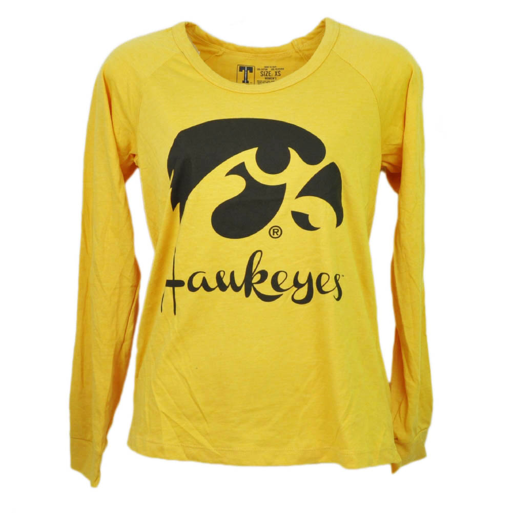 NCAA Iowa Hawkeyes Womens Yellow Long Sleeve Tshirt Crew Neck Sports Big Logo MD by T University