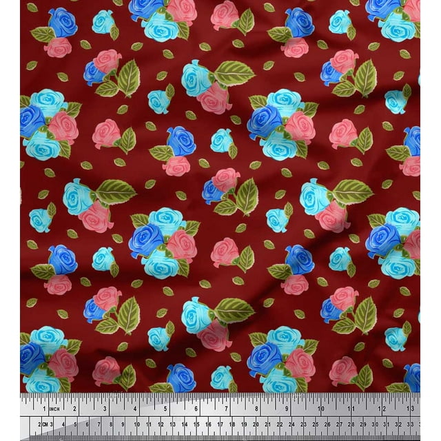 Soimoi Tissu Popeline de Coton Feuilles & Rose Imprimé Floral 1 Yard 56 Inch Wide