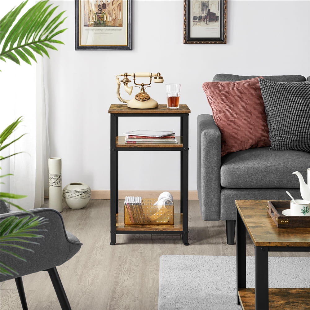 Alden Design 29.5 in H 3-Tier Wooden End Table with Metal Frame for Living Room, Rustic Brown