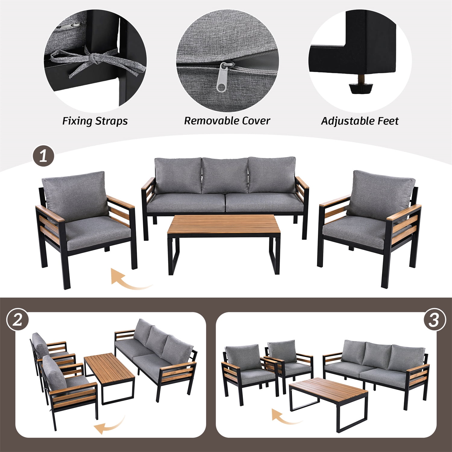 YIORTWO Patio Furniture Set, 4 Piece Outdoor Patio Furniture with Coffee Table Set, Metal Patio Conversation Sets with Washable and High-Resiliency Sponge Cushions, Gray