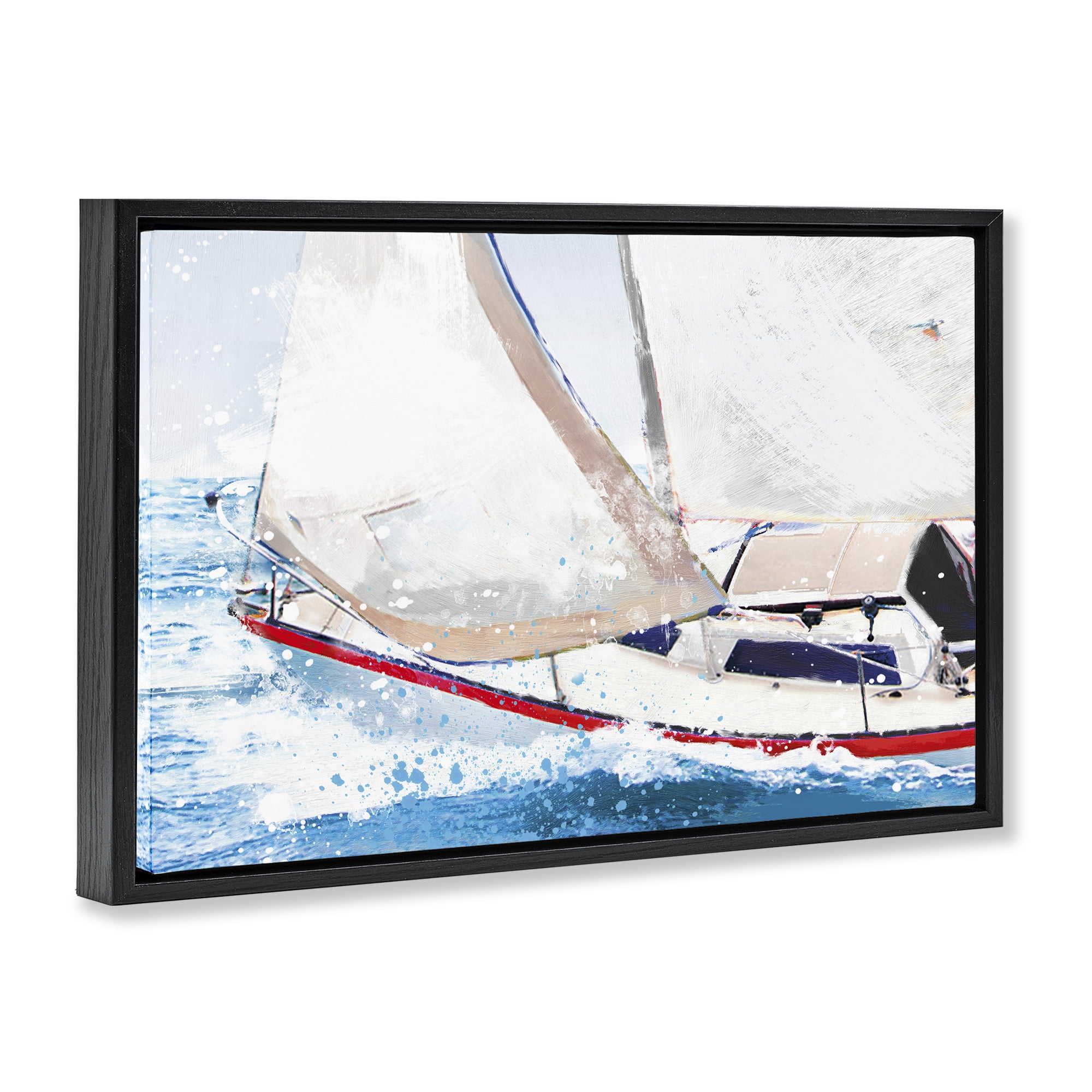 Stupell Industries Sailboat Racing Through Blue Waves Black Framed Floater Canvas Wall Art, design by Porter Hastings