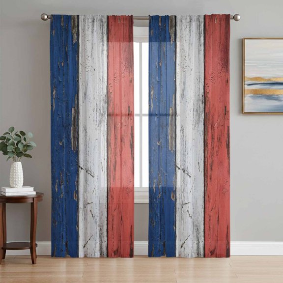 250 Anniversary Sheer Curtains 84 Inch Length 2 Panels Set, Blue Red Gray Vintage Wooden Voile Window Treatment Rod Pocket Curtains Sheers Drapes for Bedroom/Living Room/Kitchen 52"x84"x2