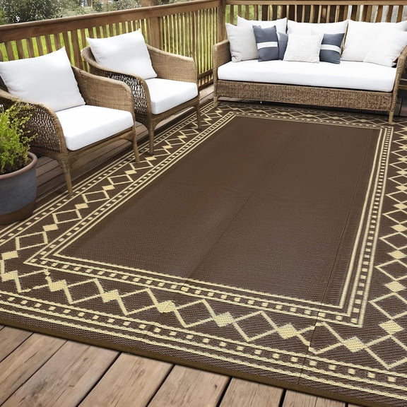 10x20 Ft Outdoor Rug for Patio Stain Resistant Foldable Modern Geometric Brown