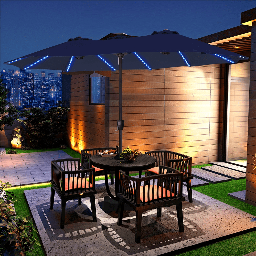 Renwick 13×8ft Large Patio Umbrella with Base & Solar Light Strips, Navy Blue