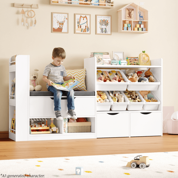 Homfa 63'' Kids Bookshelf with Reading Nook, Large Toy Storage Organizer with 3 Drawers & 6 Storage Bins, Kids Toy Storage Box with Bench for Playroom, Kid Room, White