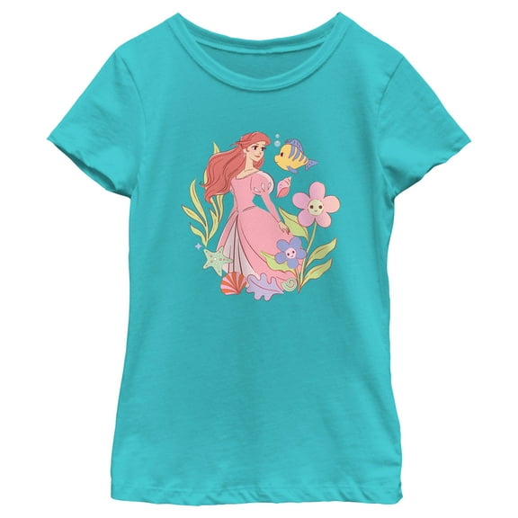 Girl's The Little Mermaid Ariel Cartoon Friends  Graphic Tee Tahiti Blue X Large
