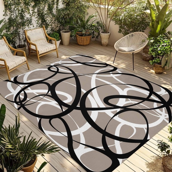 Brown Geometric Outdoor Rug 3x5 Ft - Reversible Patio Rug Outdoor Camping Rugs, Vintage Black White Striped Abstract Art Indoor Outdoor Area Rugs, Non-Slip Outdoor Carpet Runner for Deck/Porch