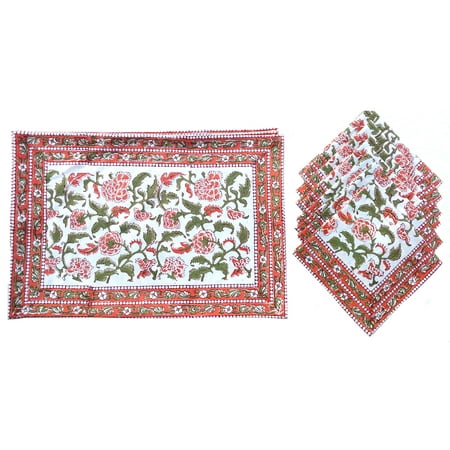 

Rastogi Handicrafts Cotton Indian Table Mats and Napkins Set of 6 Size - 15x15 inch (Orange 1)