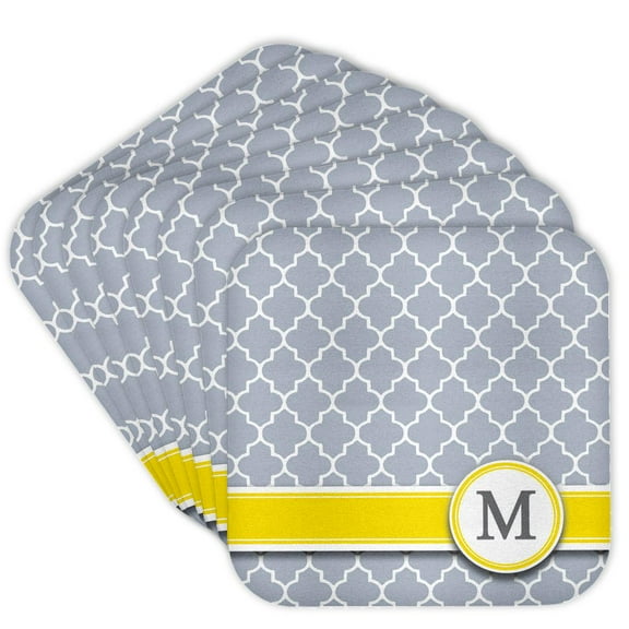 3dRose, Your personal name initial letter M - monogrammed grey quatrefoil pattern - personalized yellow gray, set of 8 Coasters - Soft