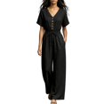 thumbnail image 2 of Sunnin Women Wide Leg Long Pants with Pockets V Neck Drawstring Waist Casual Loose Jumpsuit, 2 of 6