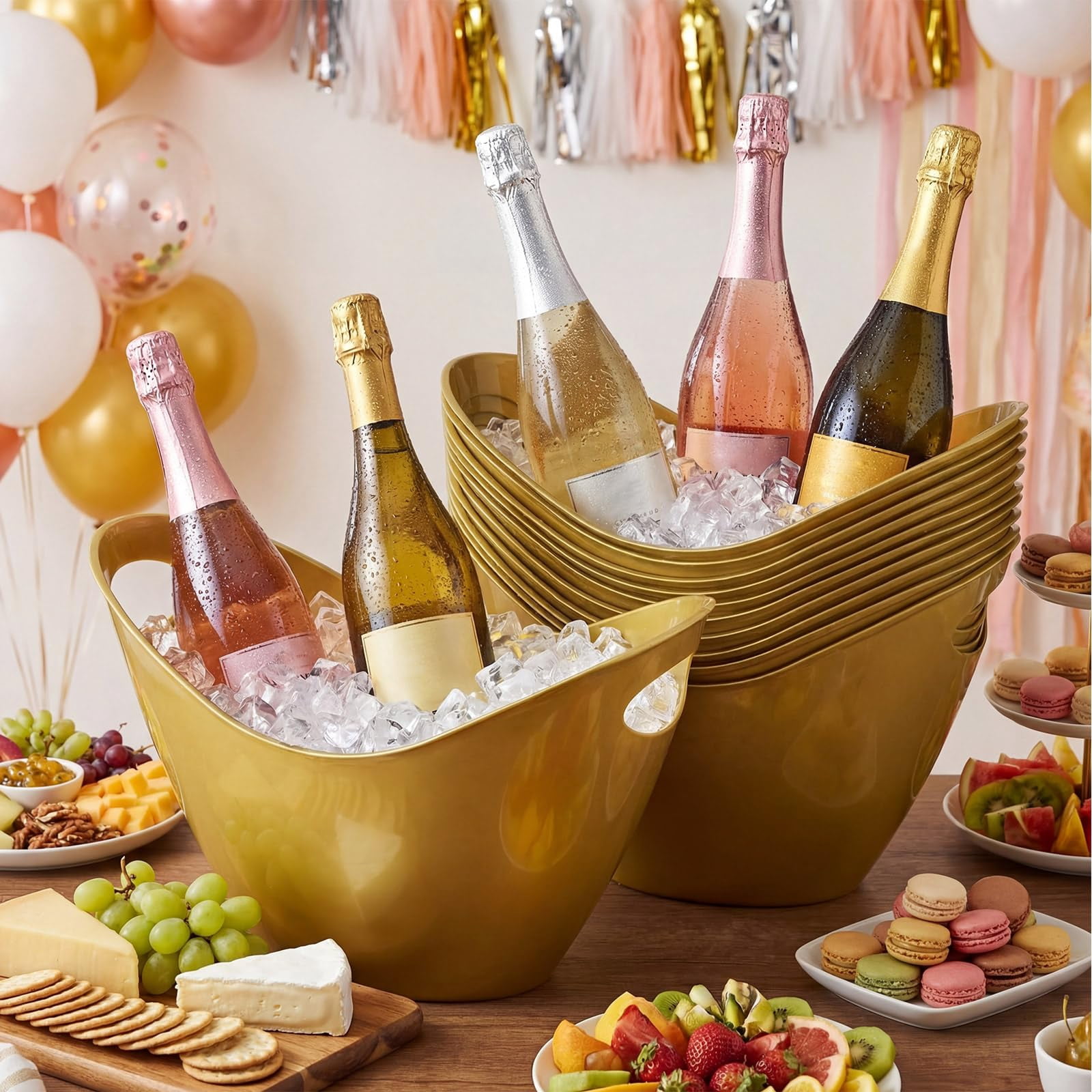 24 Pcs Oval Storage Tub with Handles 4 L Plastic Ice Bucket, Wine, Beer, Champagne Drink Cooler for Parties, Beverage Storage Basket Wine Buckets for Indoor Outdoor Cocktail Bars(Gold)