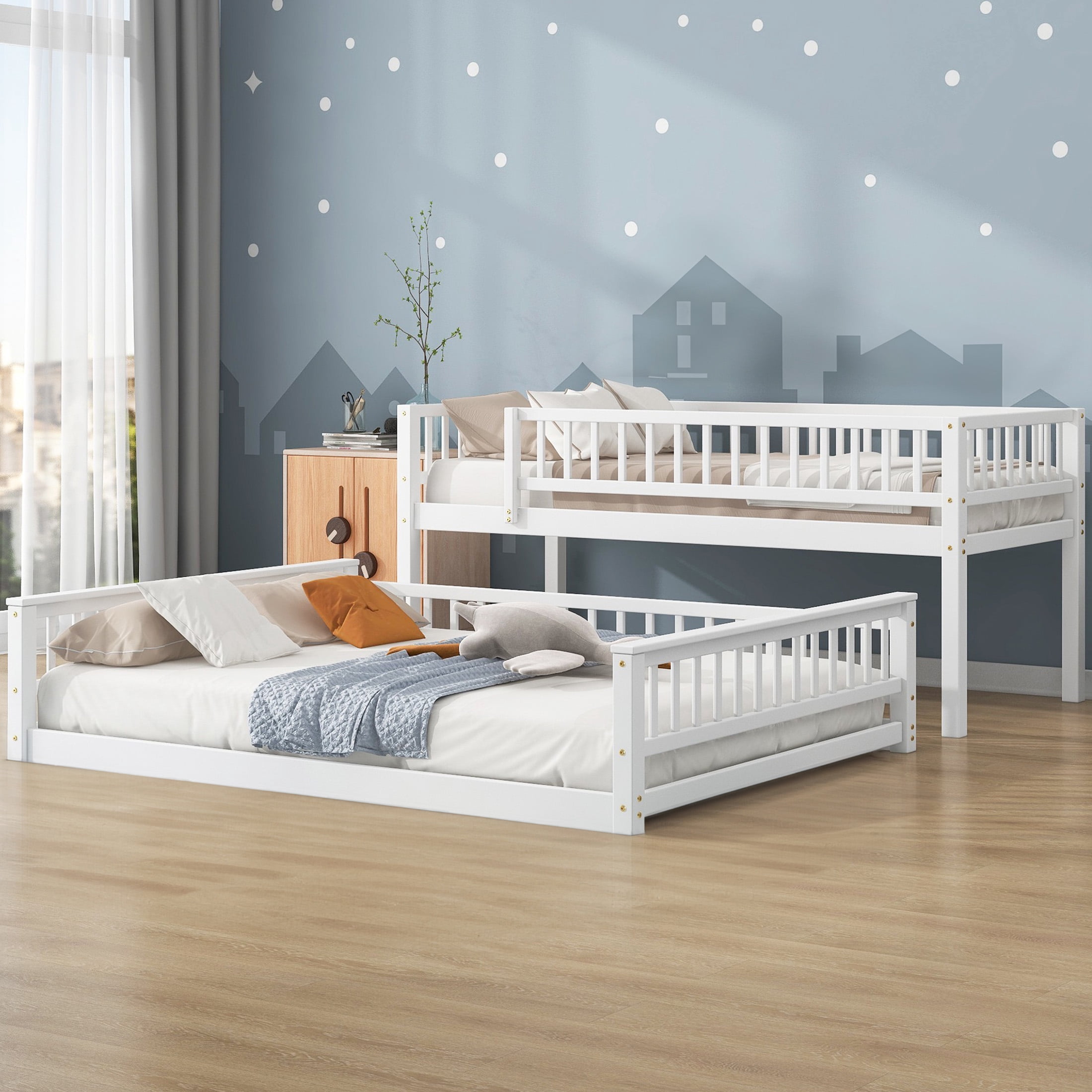 Aukfa Heavy Duty Twin XL over Queen Bunk Bed with High Guardrail, Convertible 2 Beds for Kids, Teens and Adults, White