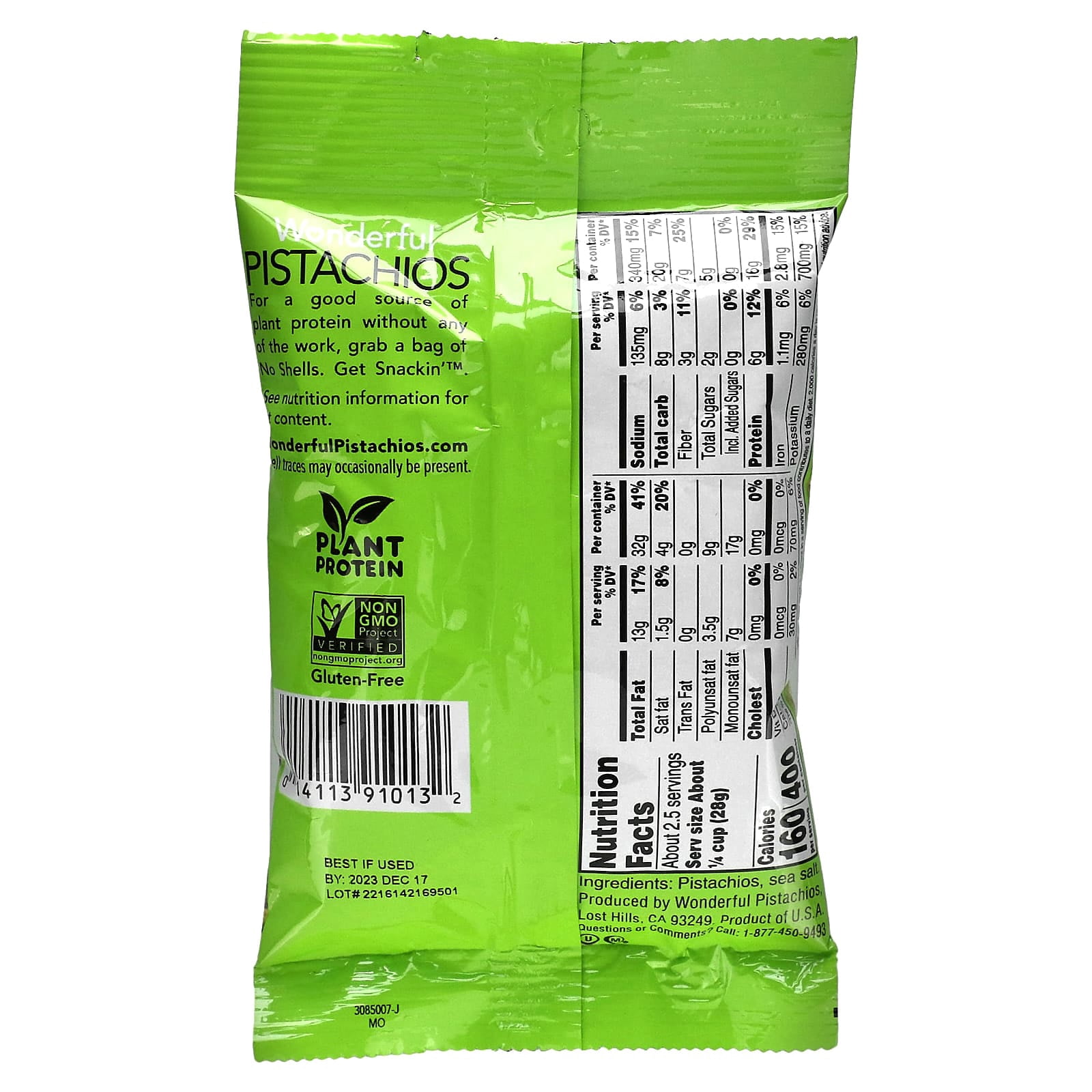 Wonderful Pistachios, Roasted & Salted, No Shells, 2.5 oz Pack of 4
