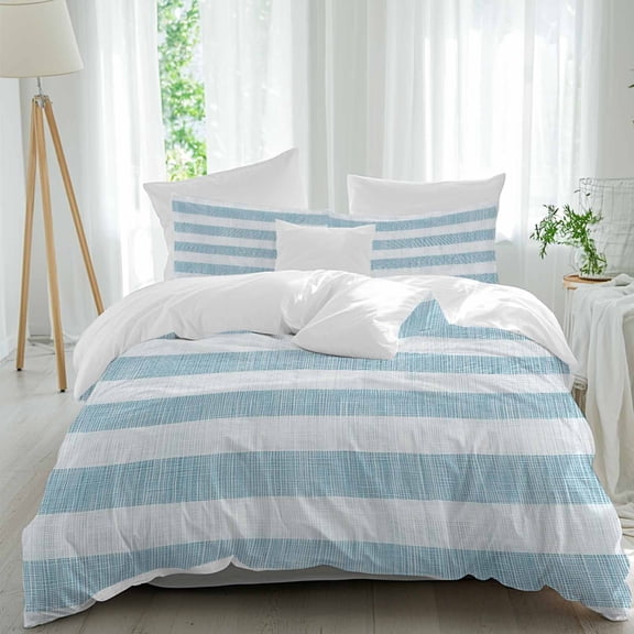 3 Piece Blue Striped Duvet Cover Set Queen Size, Microfiber Comforter/Quilt Cover with Corner Ties and 2 Pillowcases, Rustic Farmhouse Stripes All Season Soft Bedding with Zipper Closure