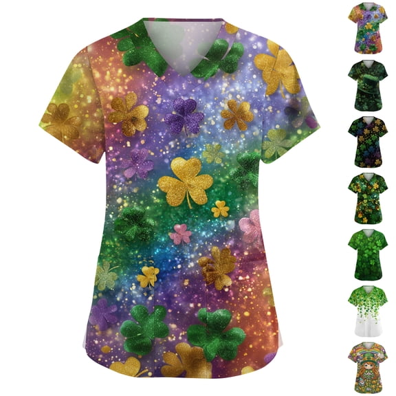Women's St Patrick's Day Scrub Tops Short Sleeve V Neck Printed Workwear Top Shamrock Casual Uniform with Pocket 2026 Earthy Yellow 3XL