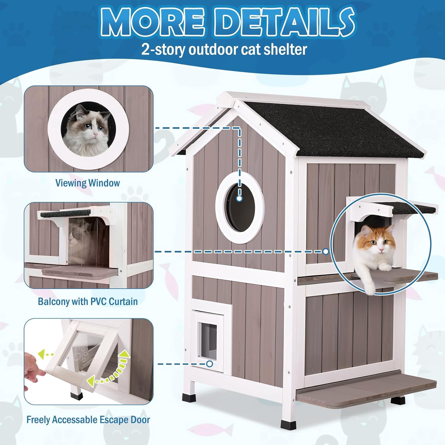 2 Story Outdoor Cat House for Winter Weatherproof Feral Cat Enclosure Shelter with Escape Door Balcony Openable Roof