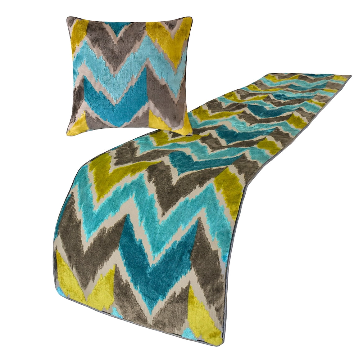 The HomeCentric King / Queen / Twin Blue Decorative CA King 86"x18" Bed Runner WITH One Pillow Cover, Velvet, Peacock Colors & Ombre Bed Scarf on Velvet fabric - Plume Palatte
