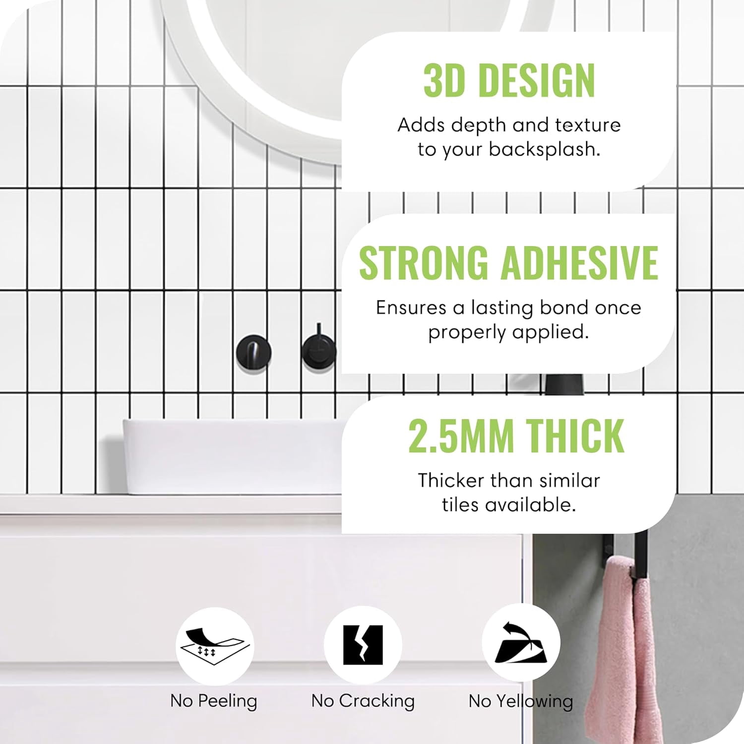 Select  5 Pack Peel and Stick Backsplash Subway Tiles, Extra Thick 3D Wall Panels, Heat & Water Resistant,Easy DIY Kitchen,Bathroom, Laundry, Fireplace & Rental Home Wall Décor (12 x 12 in), White Bl