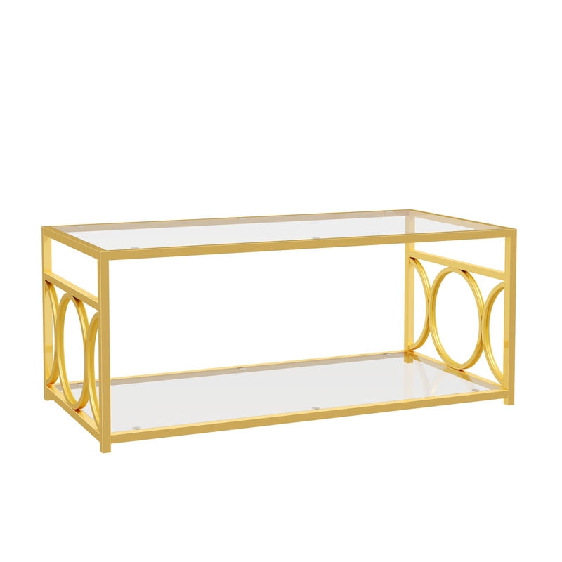 Glass Top Coffee End Table with Gold Metal Frame, Rectangular 2-Tier Storage Center Cocktail Table with Open Storage Shelf