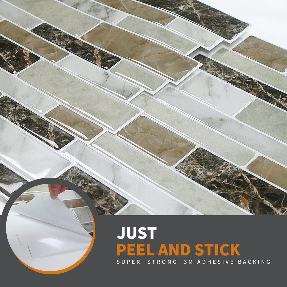MOONFUN 10-Sheet Peel and Stick Kitchen Backsplash Tiles, 3D Waterproof Self Adhesive Wall Tile Stick on Backsplash for Kitchen and Bathroom(Brown Marble,12"×12")