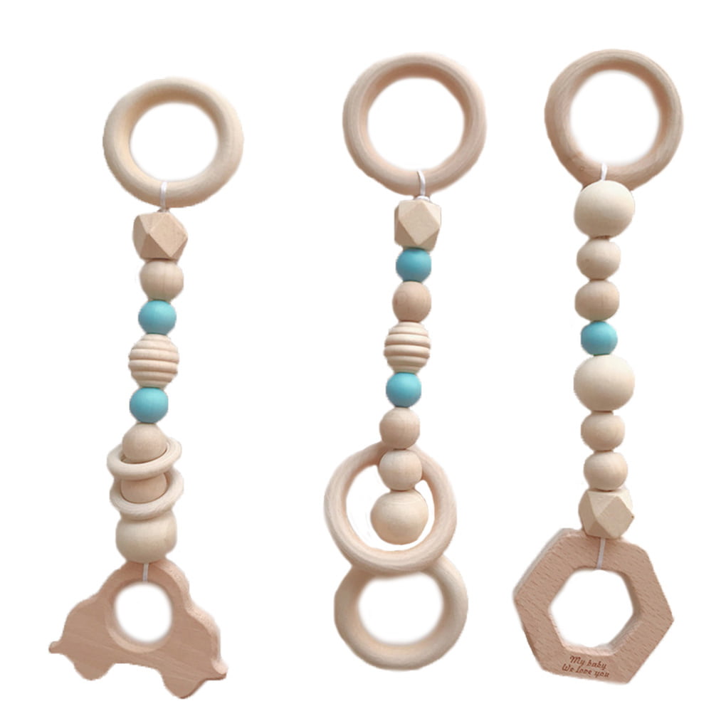 Cat Sheep Wooden Baby Teething Play Gym Silicone Beads Stroller Toys Teether Set 