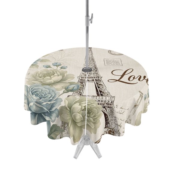 Outdoor Tablecloth with Umbrella Hole Zipper Vintage Eiffel Tower Round Tablecloth 60" Waterproof Outside Table Cloth Retro Love Floral Botanical Beige Patio Table Cover Tablecloths for Picnic Party