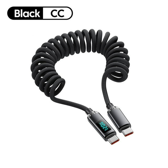 Retractable Spring 120W Digital Display Car USB C to Type C Fast Charging Cable for iPhone 15 16 Samsung Huawei Xiaomi
