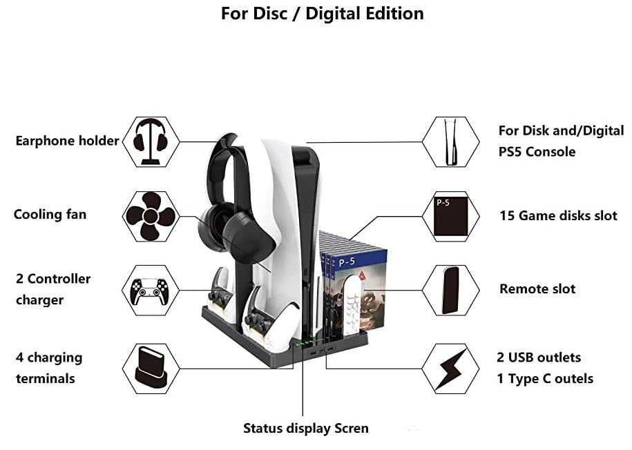 Multi-Function Charging Stand with Cooling Fan for PS5 Disc/Digital Edition/PS5 Controller, Vertical Charger Cooling Storage Stand for PS5 VR Playstation (Black)