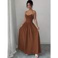 thumbnail image 4 of Coffee Womens Elegant Spaghetti Strap Ruched Waist Flowing Maxi Dress For Wedding Guest Or Formal Occasion, 4 of 7