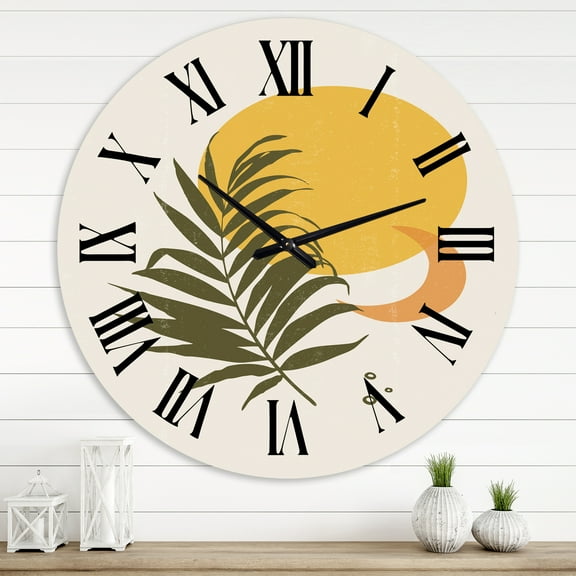 Designart 'Abstract Yellow Sun And Moon With Tropical Leaf I' Modern Wall Clock