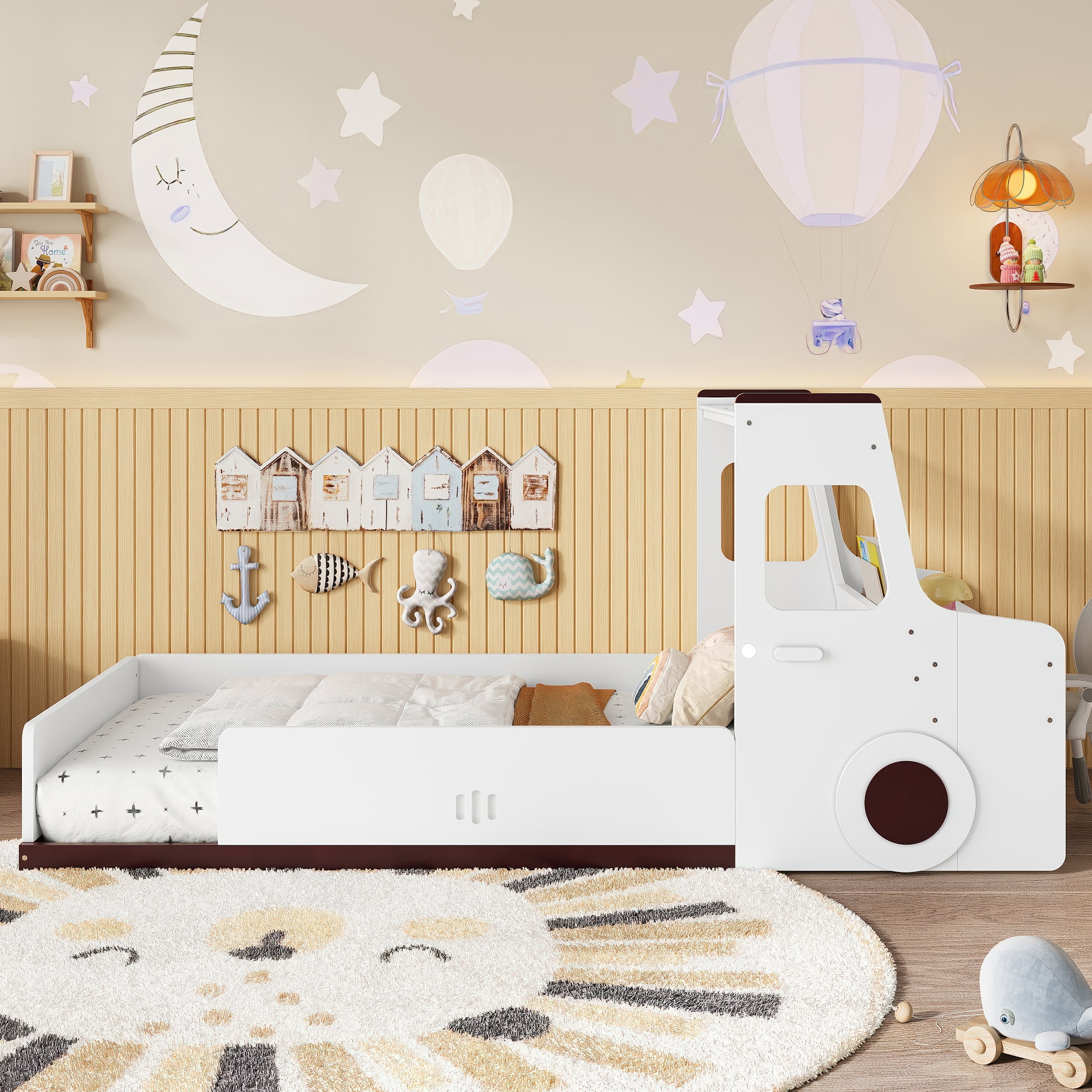 Twin Size Floor Bed with Interesting Car-shape Design, Car Floor Bed with Storage Drawers, Window, and Desk, like Design, White