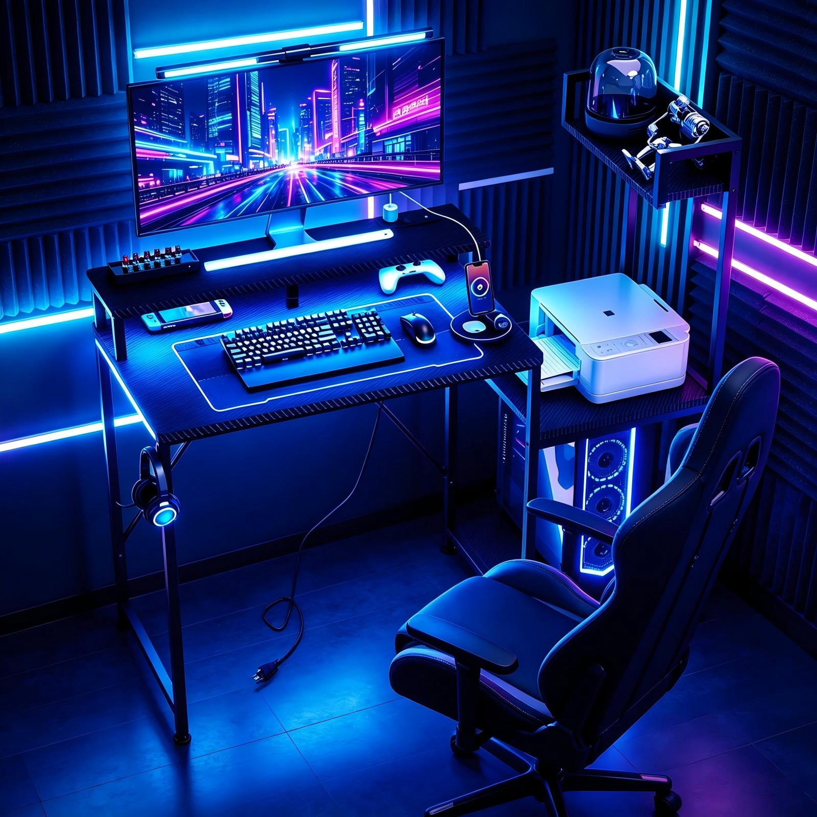 31.5" Gaming Desk with Bookshelf and Printer Stand, Faux Carbon Fiber Veneer, P2 Particleboard, LED Strip, Iron Pipe, Black