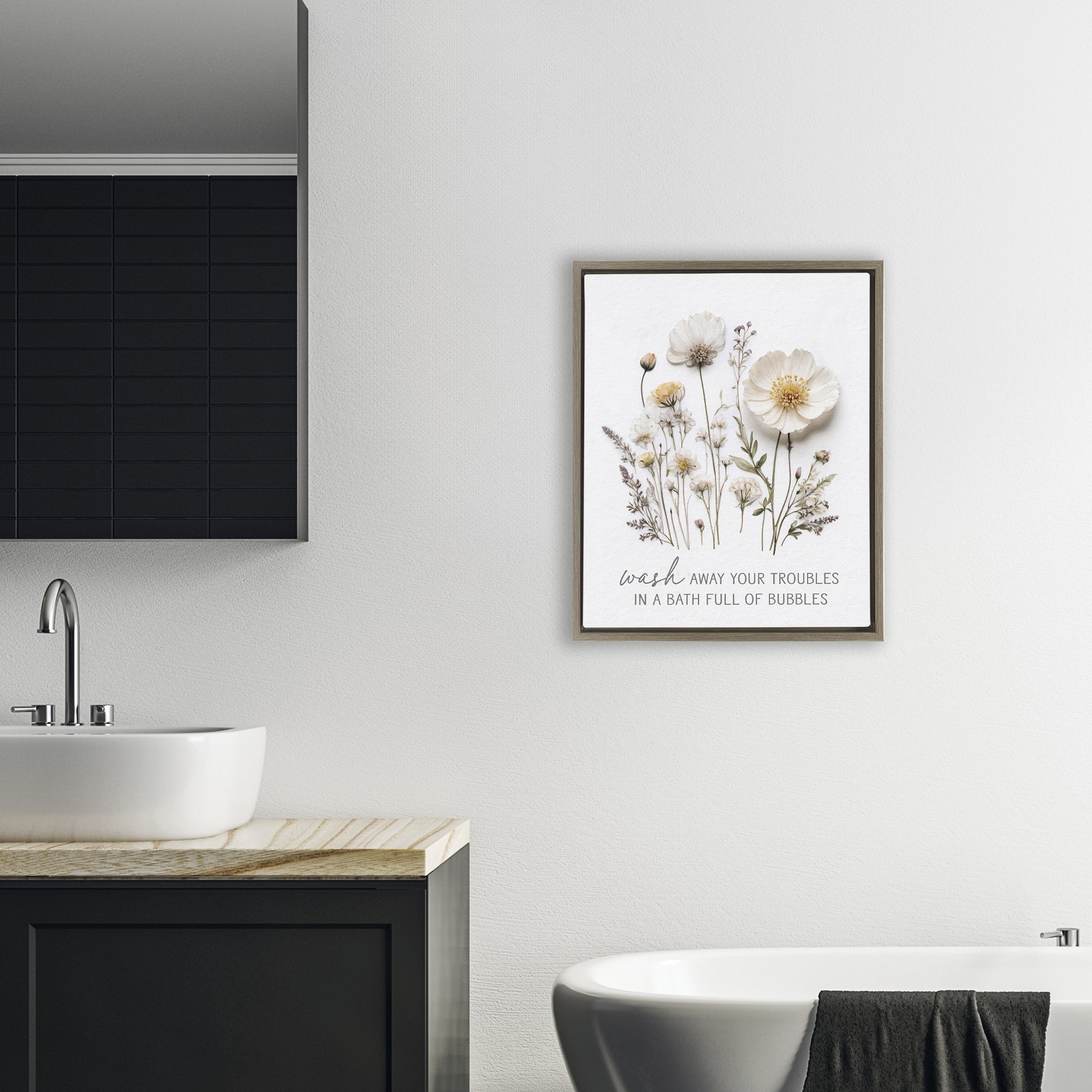 Pressed Flowers Wash Away Troubles Brown Framed Floater Canvas Wall Art, design by Lettered and Lined