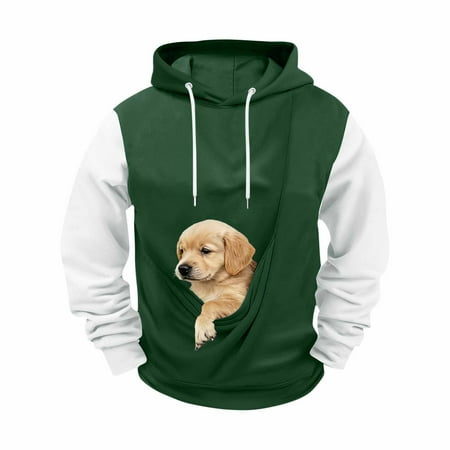 JHHLSF Men s Pet Carrier Hoodies Cat Dog Pouch Holder Sweatshirt Shirt Top Larger Kangaroo Pocket Warm Long Sleeve Hooded Pullover Green S