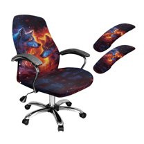 FKELYI Starry Wolf Fire Print 3 Piece Set Office Chair Cover Swivel Gaming Chair Slipcover with Armrst Covers High Back Computer Chair Protector Home Office Decor, Small