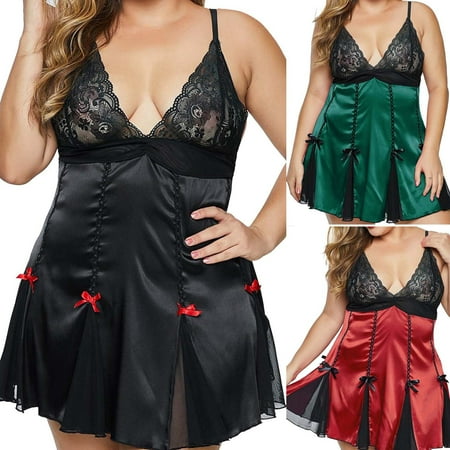 Elainilye Fashion Women Plus Size Lingerie Lace Silks Underwear Suspender Skirt Nightdress Babydoll Lingerie Green