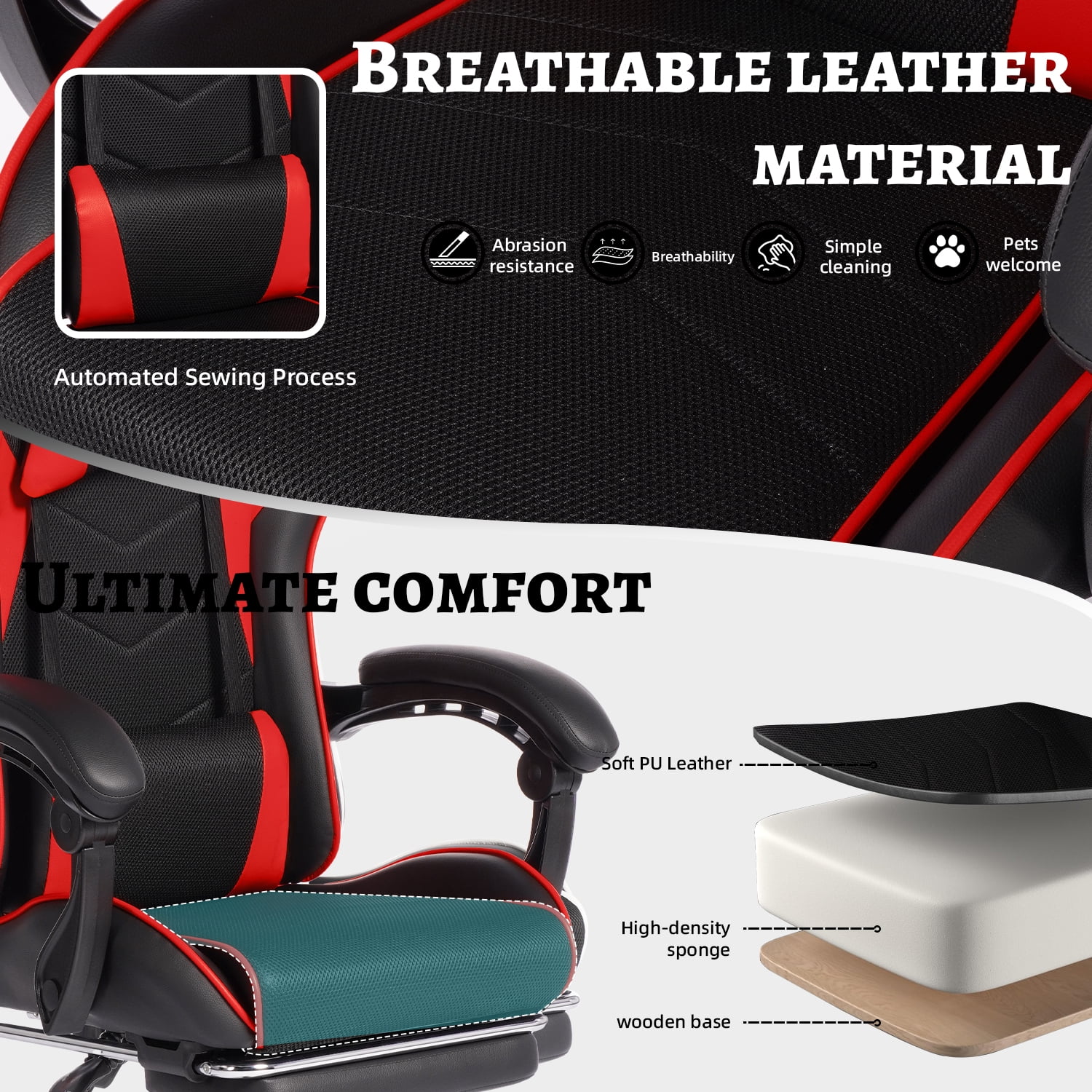 Mintazer Gaming Chairs with Footrest, Massage Leather Game Computer Chair with Headrest and Lumbar Support, E-Sports Chair for Adults Home Office, Black & Red