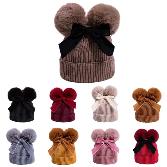 Lispipm Baby Beenie Hat for Girls Double Pompom Toddler Baby Knitting Hat Winter Thickened Windproof Caps with Bow Black 6-36 Months