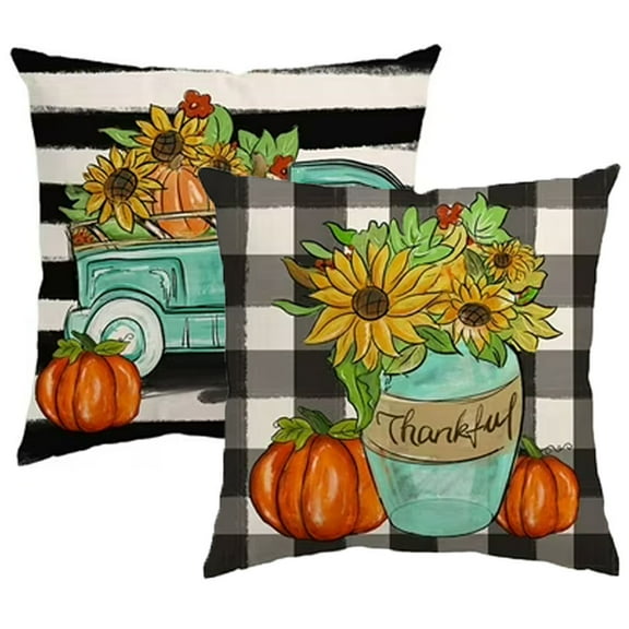 2Pcs/4Pcs Fall Decorative Throw Pillow Covers 18x18inch, Watercolor Buffalo Plaid Sunflower Pumpkin Truck Polka Dot Outdoor Fall Decor Thanksgiving Farmhouse for Living Room Bed Sofa Bench Patio