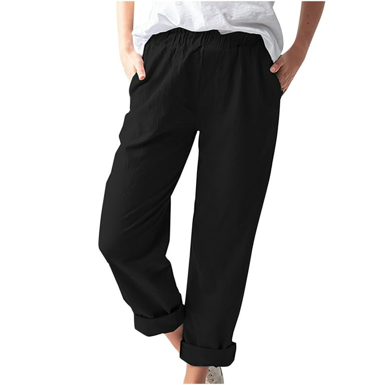 Clearance RYRJJ Womens Casual Cotton Linen Straight Capri Cargo Pants Loose  Elastic Waist Ankle Cropped Trouser with Pockets(Black,S) 