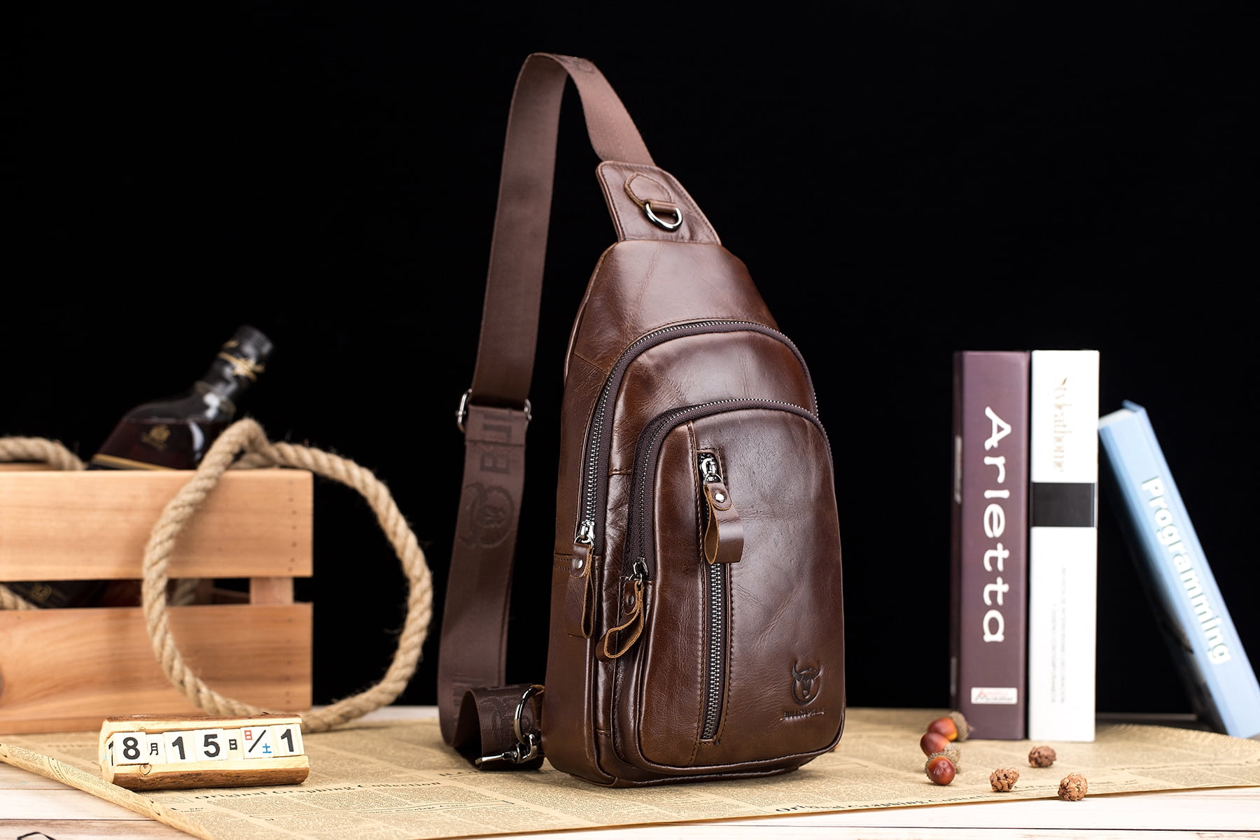 Sling Bag, BULLCAPTAIN Leather Chest Bag Crossbody Shoulder Business Backpack Outdoor Daypack