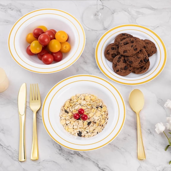 RYJUYJ-50 Pack Plastic Bowls with Gold Rim, 12oz Disposable Soup Bowls, Heavy Duty Dessert Bowls for Weddings, Parties, Dinners, Catering, Thanksgiving and Everyday Use