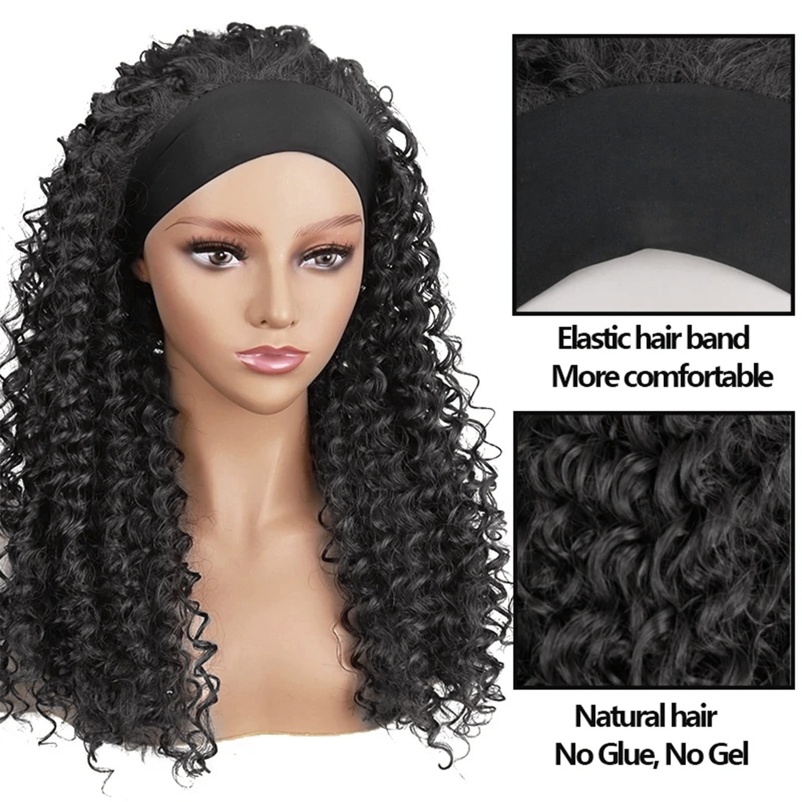 Headband Wig Human Hair Water Wave, Glueless Curly Human Hair Wig with Pre Attached Scarf, Wear and Go Wigs for Black Women(BK1,One Size)