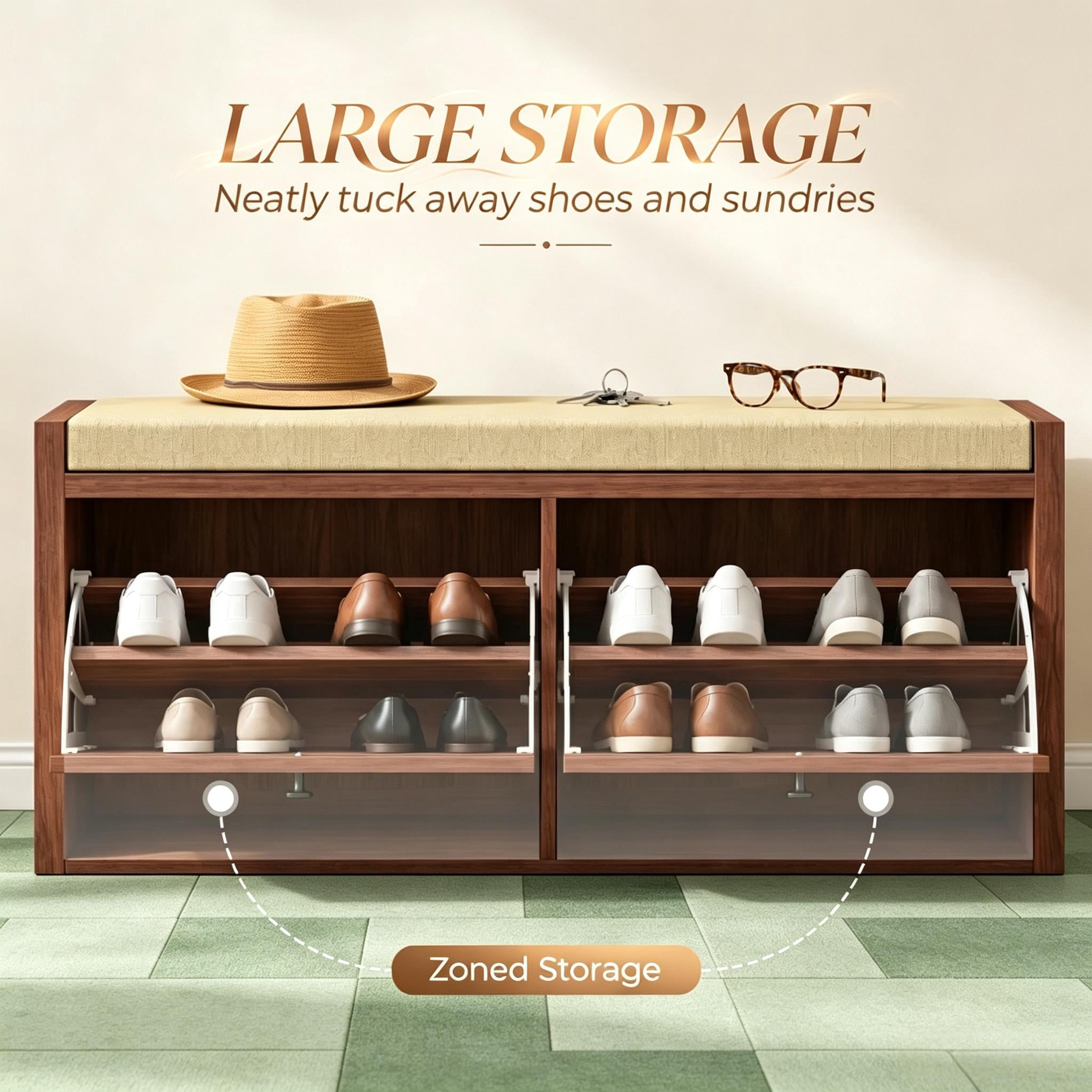 Shoe Storage Bench with Padded Seat, Shoe Storage Bench 2 Rattan Doors for Entryway