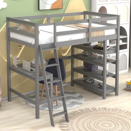 Royard Oaktree Twin Size Loft Bed with Desk and Shelves Wood Loft Bed Frame with Ladder & Safety Rails for Kids, Adults, Gray