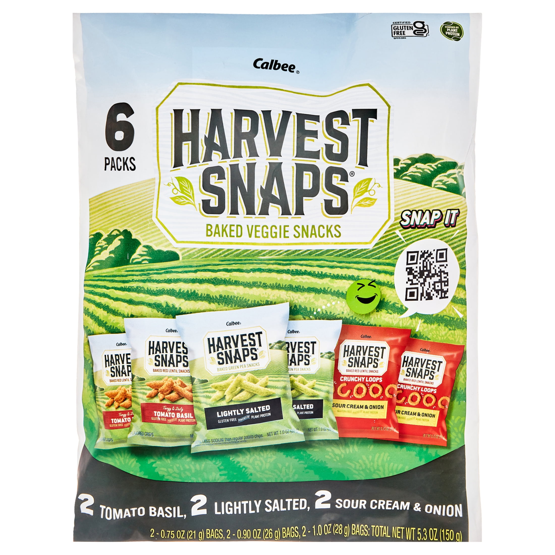 Harvest Snaps Variety Bag Baked Gluten Free Snacks, Veggie Crisps, 3 Flavors, 6 Bags, 5.3 oz