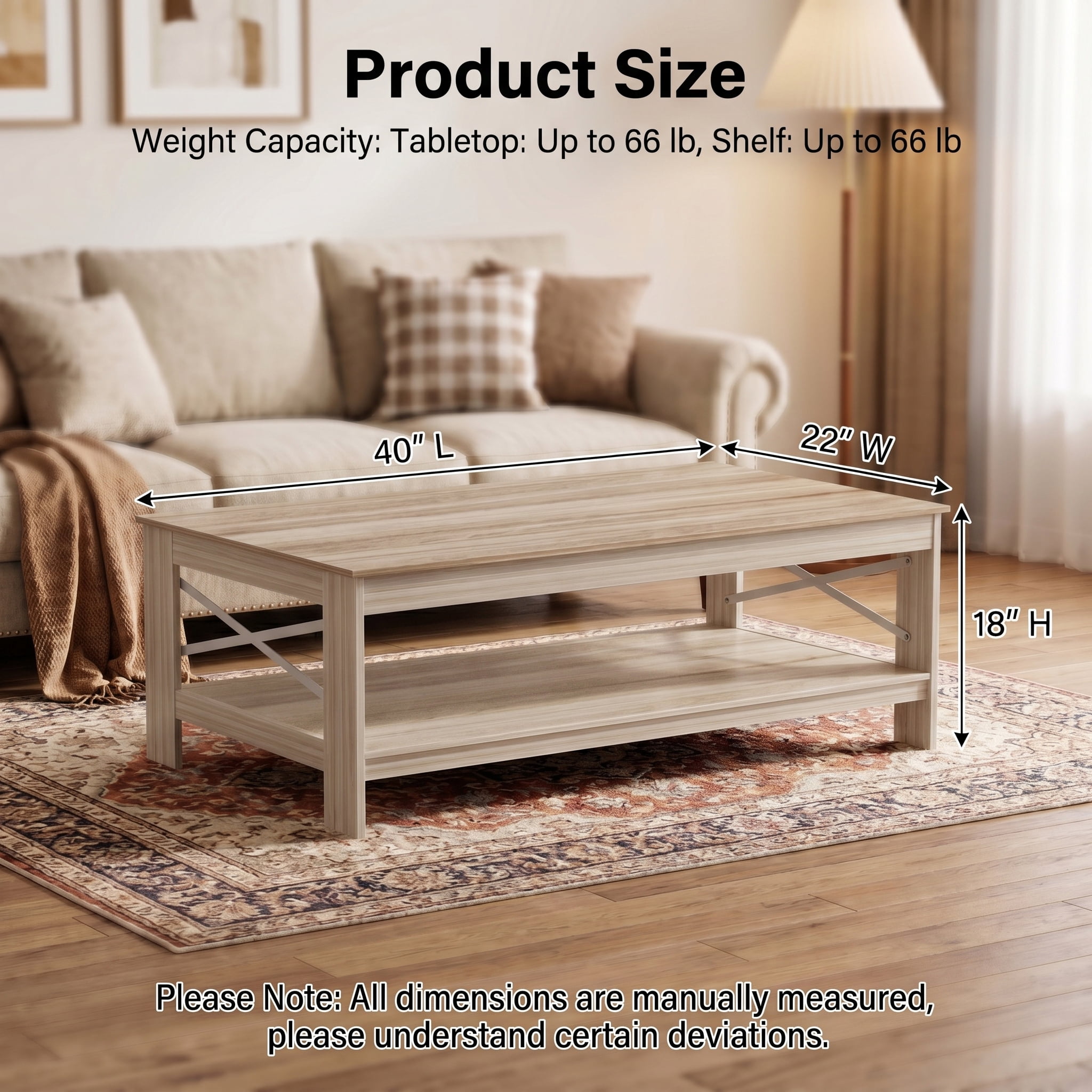 BEAUTYPEAK 40"x22" Coffee Table with Storage Shelves Rectangular Living Room Center Table, Beige