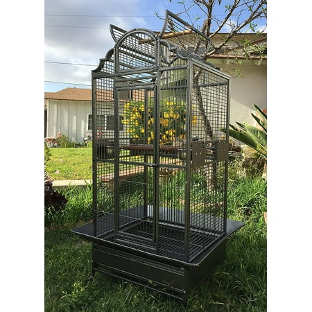 Large Deluxe and Durable Wrought Iron Open Play Top Perch Stand Bird Parrot Rolling Cage, Include Metal Seed Guard Solid Metal Feeder Breeding Nest Doors