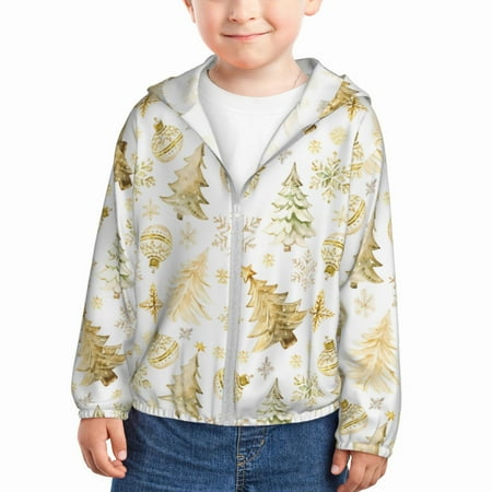 

Gaeub Gold Christmas Tree Print Athletic Sun Protection Hoodie for Kids Long Sleeve Outdoor UV Shirt Running Fishing Top for Boys Girls-4 Years